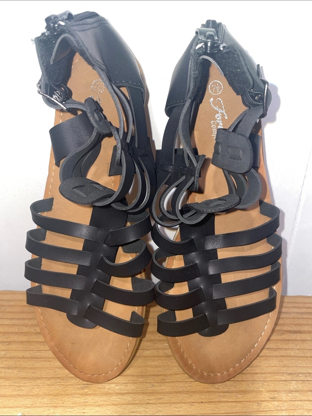 Women's Black Multi-Strap Gladiator Sandals with Tan Footbed